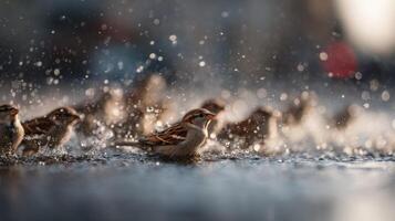 A group of sparrows delight in splashing around in a small puddle photo
