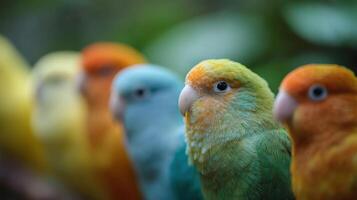 A group of cheerful parakeets enjoys lively interaction in enclosure photo