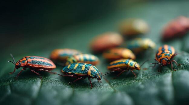 A group of vivid beetles is seen resting on a green leaf photo