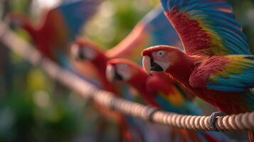 A group of vivid parrots has joyful playtime on simple rope toy photo