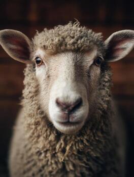 A gentle looking sheep peers from within a wooden barn in summertime photo