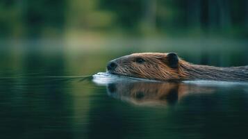A happy looking beaver swims gracefully in a calm river setting photo