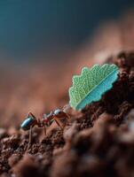 A hardworking ant shows perseverance carrying a cut green leaf photo