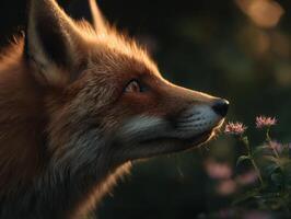 A fox exploring the forest gently sniffs a blooming wild plant photo