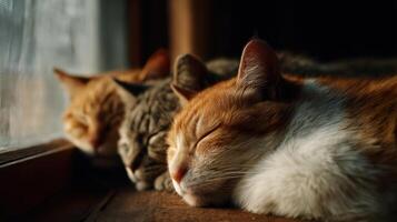 A gathering of house cats rests quietly on warm sunny windowsill photo