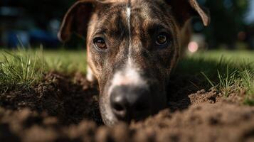 A focused dog engages in burying its bone treat in soft earth photo