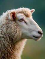 A gentle sheep showing calm behavior in wide green meadow photo