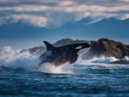 A formidable orca makes a spectacular breach near the coast photo