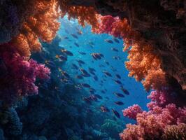 A dense shoal of angelfish passes under a coral formation photo