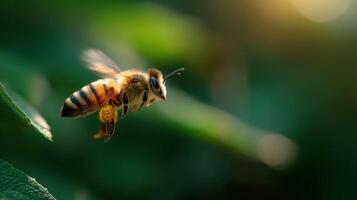 A hardworking honeybee in flight its baskets laden with flower pollen photo