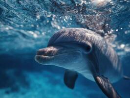 A joyful dolphin has fun swimming on its back underwater photo