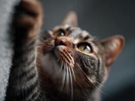 A playful house cat bats excitedly at a bright laser beam point photo