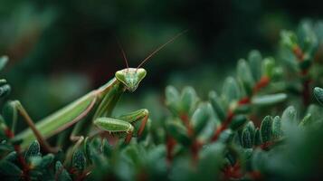 A long green mantis merges seamlessly with vibrant surrounding leaves photo