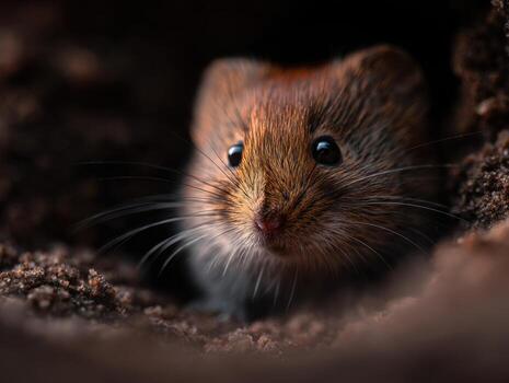 A little field vole shows curiosity digging in soft ground surface photo