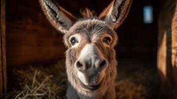 A loud braying donkey expresses happiness in its barn door photo