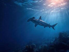 A large hammerhead cruises the periphery of a living reef photo