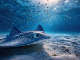 A joyful shark ray moves gracefully above the sand underwater photo