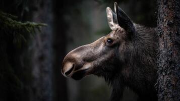 A mighty moose is eating the outer layer of a forest tree photo