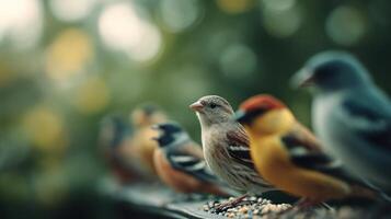 A mixed flock of birds enjoys nourishment from a shared feeder photo