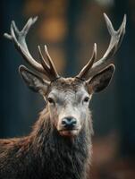 A noble buck with serene eyes surveys the forest at sunrise photo