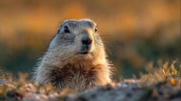 A noble looking groundhog is seen exiting its underground home photo