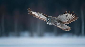 A nocturnal owl in quiet flight across a serene snow covered land photo