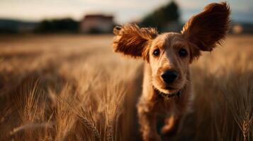 A joyful dog experiences pure bliss running in golden grain field photo