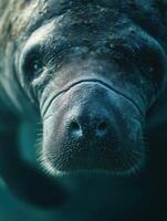 A placid manatee with tender eyes and characteristic wrinkles photo