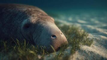 A placid dugong munches on underwater plants in clear shallows photo