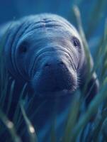A placid dugong with tender eyes and characteristic broad tail photo