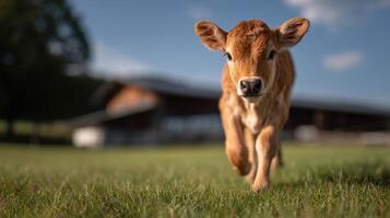 A playful little calf sprints with joy through vibrant pasture photo