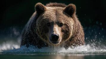 A large grizzly seeks relief from heat in a pristine high lake photo