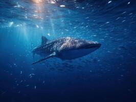 A large whale shark glides with accompanying schools of fish photo