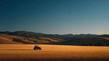 A little farming tractor rests in wheat field during sunset glow photo