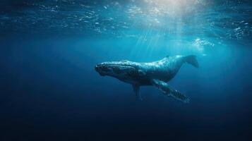 A large humpback whale moves majestically in the open blue sea photo