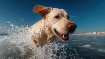 A playful yellow labrador leaps joyfully into the refreshing sea photo