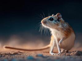 A small kangaroo rat on hind legs exploring the night curiously photo