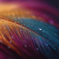 A single glistening dewdrop adorns a vividly colored bird feather photo