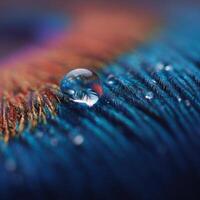 A single glistening dewdrop adorns a vividly colored tame bird feather photo