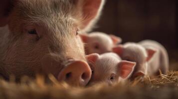 A sow with her offspring as piglets nurse safely in their pen photo