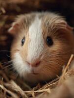 A reserved pet guinea pig hides among hay looking out of cage photo