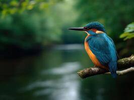 A striking kingfisher watches intently over the clear calm river photo