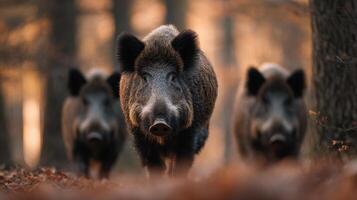 A sow and piglets forage for acorns among forest trees photo