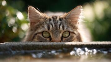 A stealthy house cat shows curiosity peering over bird bath edge photo
