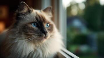 A stunning longhair ragdoll cat relaxes elegantly on window ledge photo