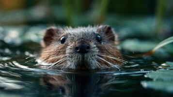 A semi aquatic rodent muskrat explores a calm pond with interest photo