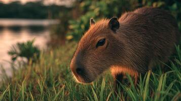 A serene capybara enjoys eating plants by the quiet riverside photo