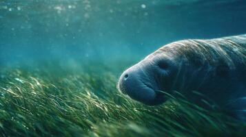 A serene manatee munches on thriving beds of marine grass photo