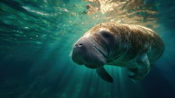 A serene manatee leisurely swims up to breathe air photo