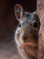 A reserved degu carefully peers from its rocky hiding place now photo